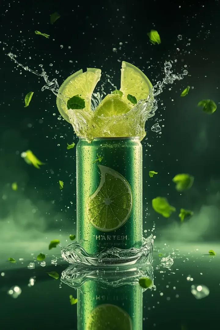 Ultra cinematic beverage advertising shot of a sparkling lime...
