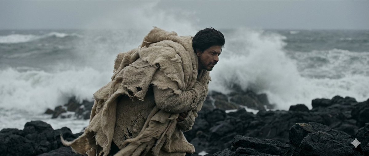 Wide shot, subject acts as an anchor against a raging wind. S...
