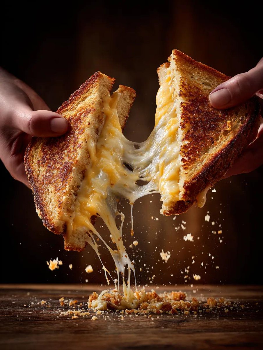 two hands pulling apart a grilled cheese sandwich, strands of...
