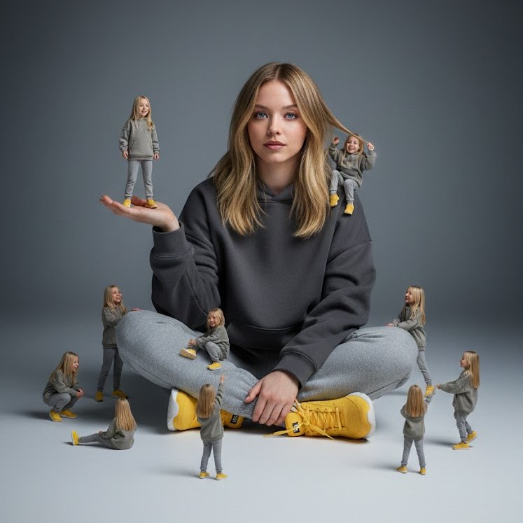 A creative surreal image of a woman sitting on the ground, we...