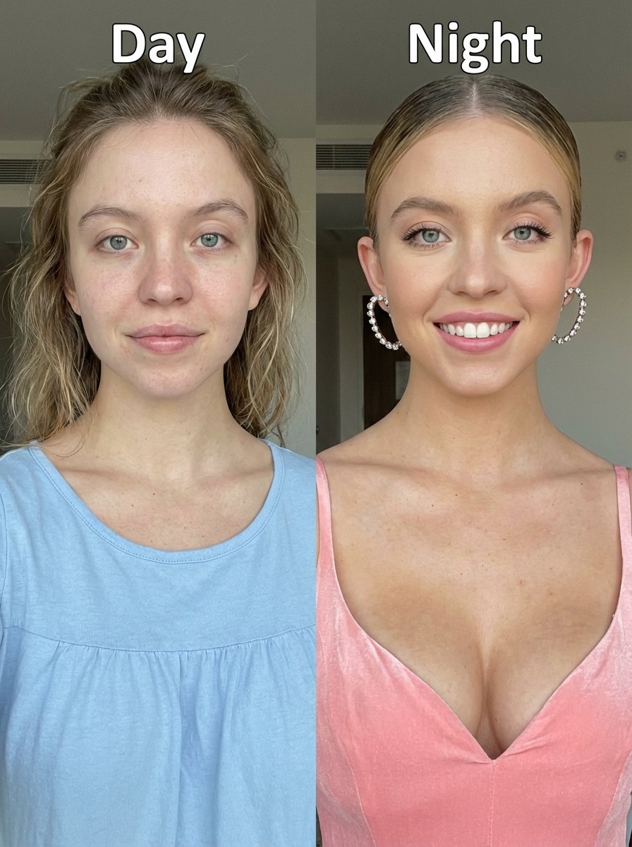 Before and after upper body portrait photo of Sydney Sweeney,...