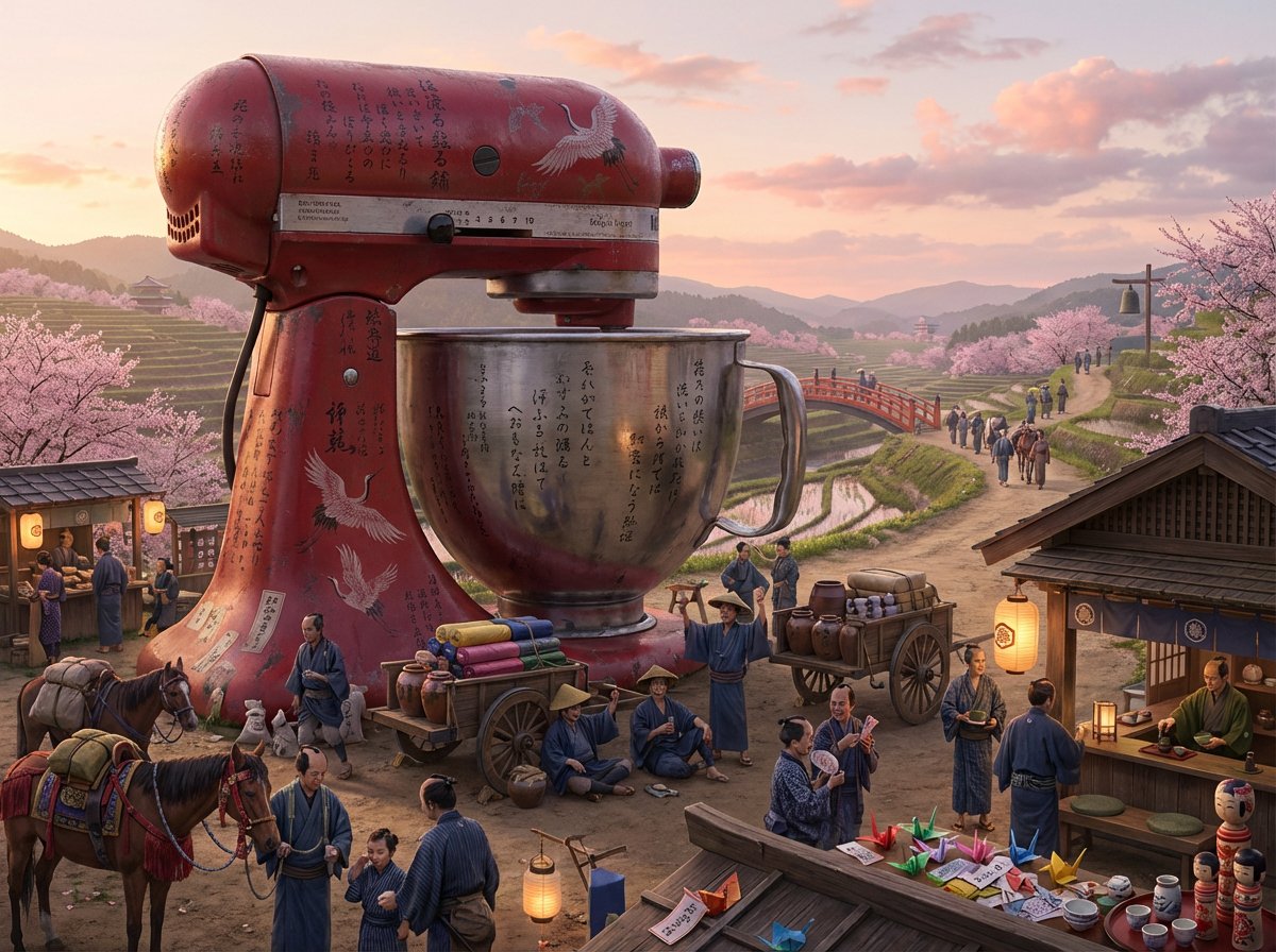 A [ORDINARY OBJECT] as a landmark on an epic journey, tiny [T...