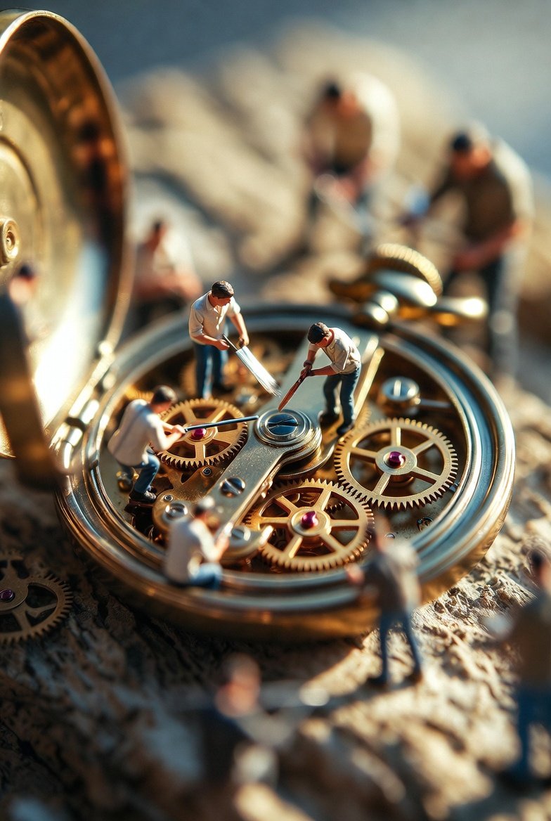 Ultra realistic macro scene depicting tiny restoration worker...