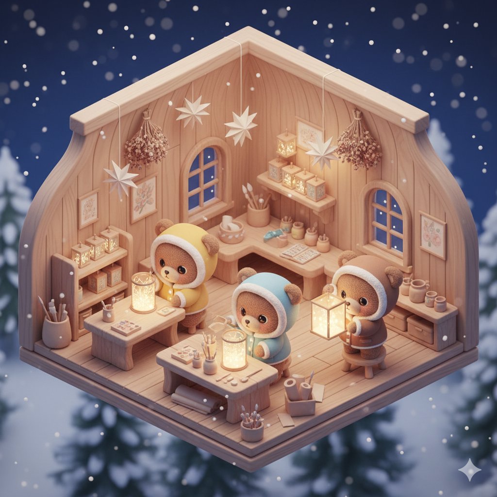 "prompt": "Isometric 3D kawaii scene of chibi baby bears desi...