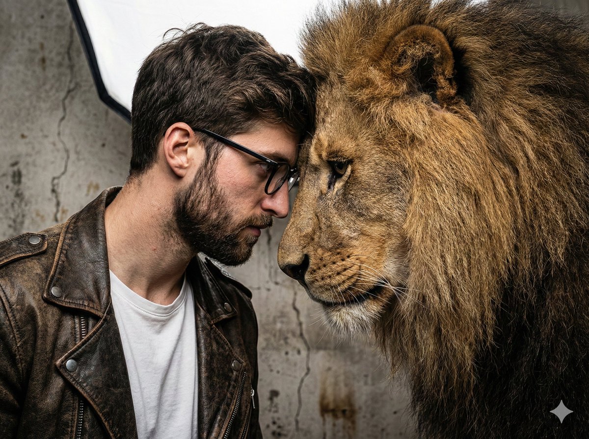 A gritty, intense portrait of a man, a friend of real lion, c...