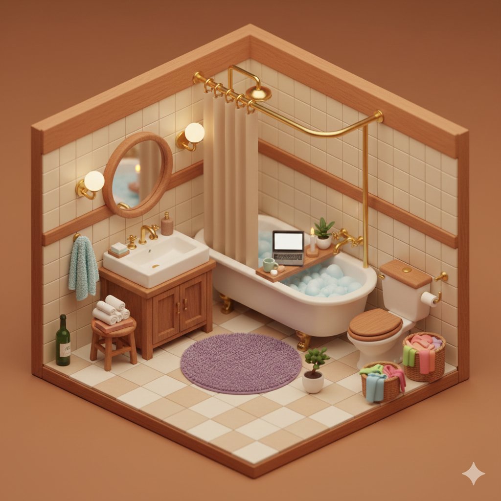 "prompt": "cute cozy isometric 3D miniature bathroom diorama,...