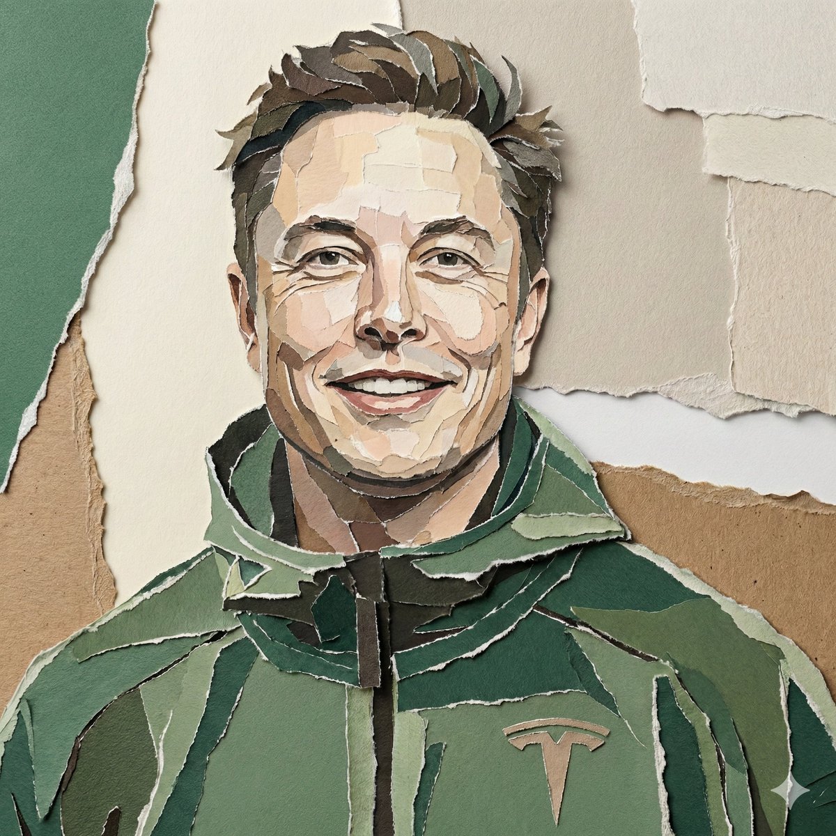 Create a realistic torn paper collage portrait of the subject...