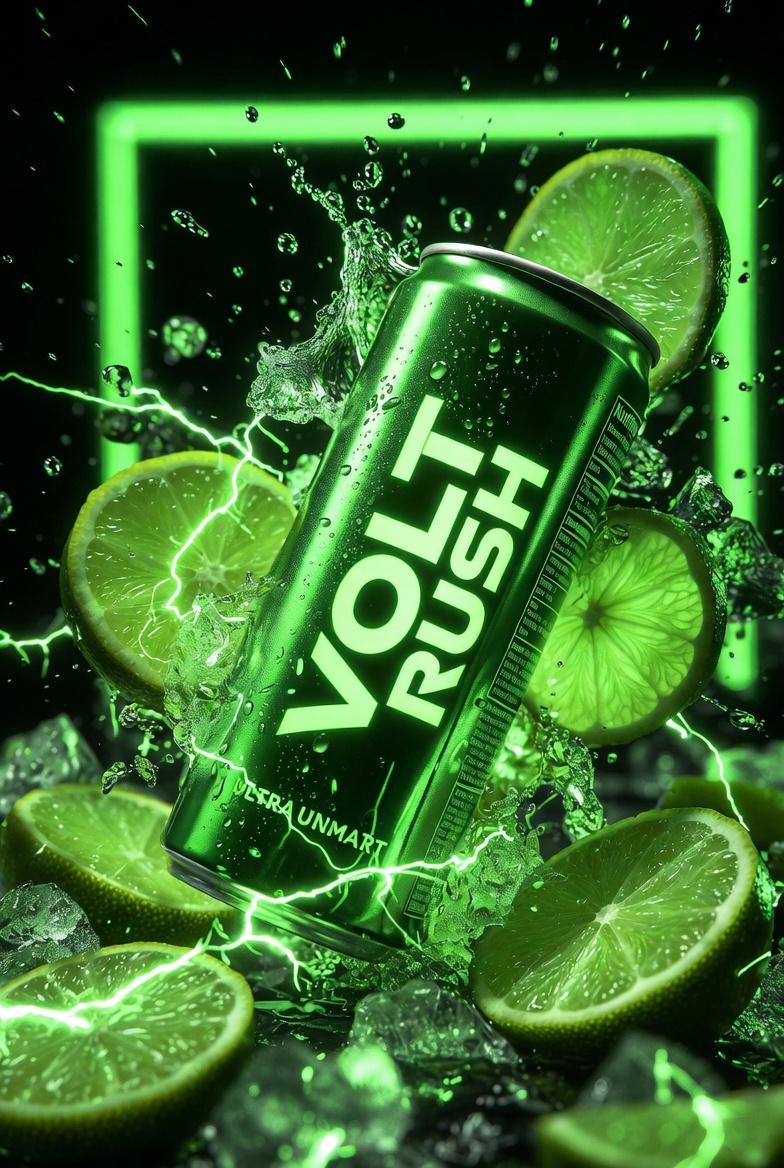 Ultra cinematic product photography of a neon green energy dr...