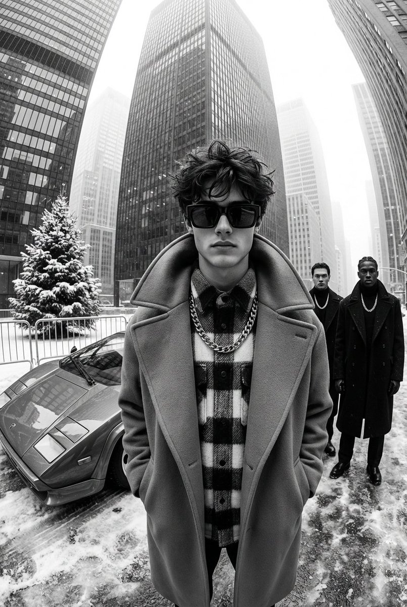 A black and white, high contrast, ultra glamorous street fash...