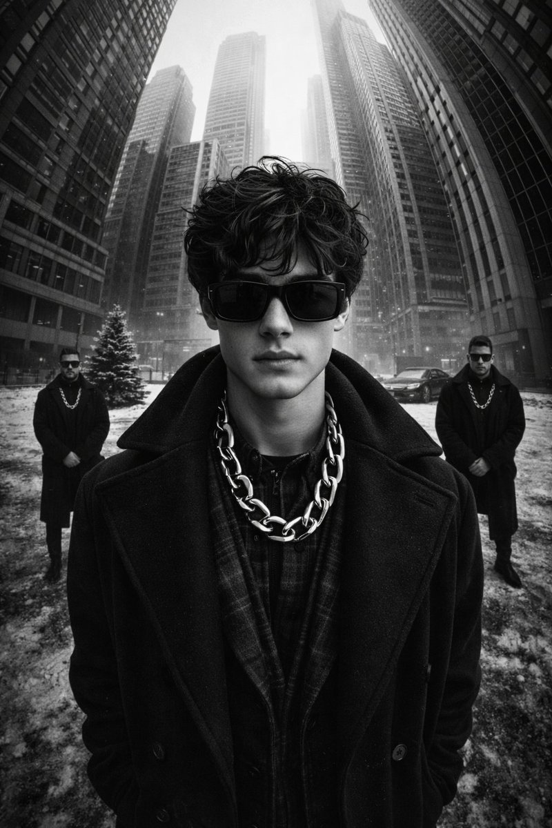 A black and white, high contrast, ultra glamorous street fash...