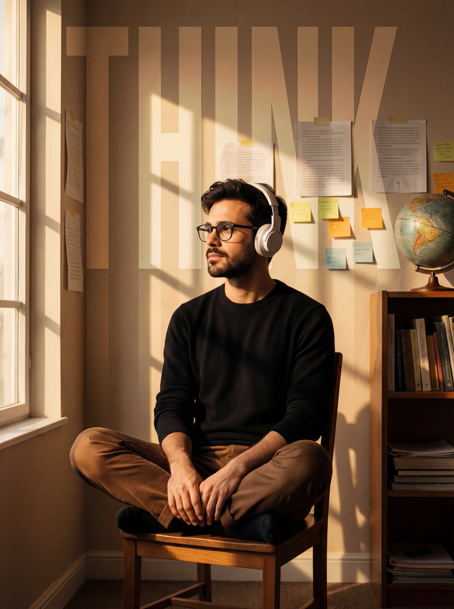 A cinematic portrait of a young man in the uploaded image sit...