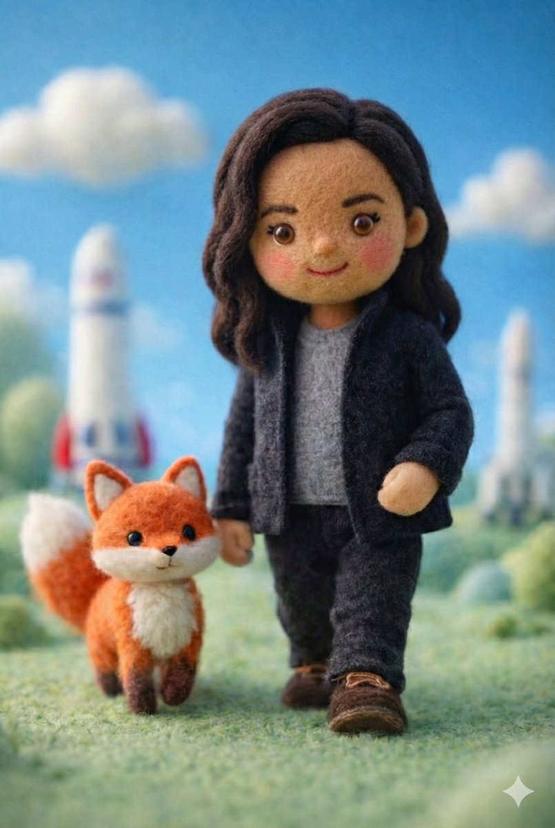 A handcrafted felt miniature scene featuring a soft wool doll...