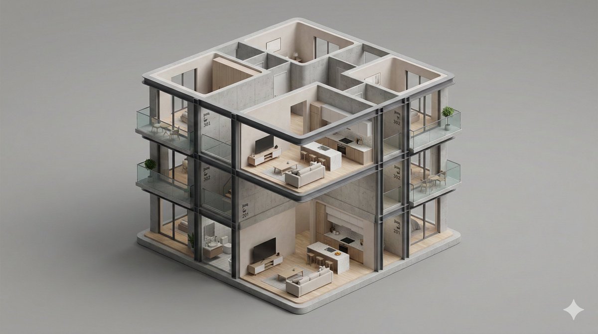 A clean, minimal 3D isometric diorama of a [BUILDING TYPE] se...