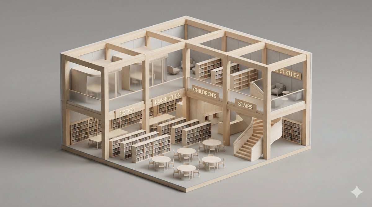 A clean, minimal 3D isometric diorama of a [BUILDING TYPE] se...