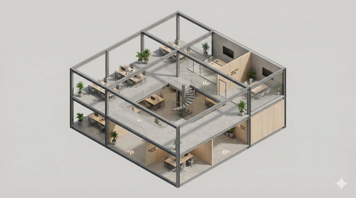 A clean, minimal 3D isometric diorama of a [BUILDING TYPE] se...