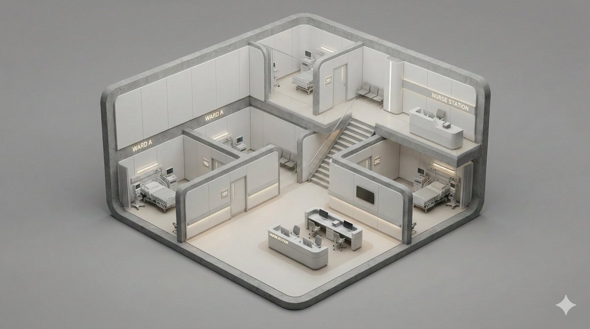 A clean, minimal 3D isometric diorama of a [BUILDING TYPE] se...
