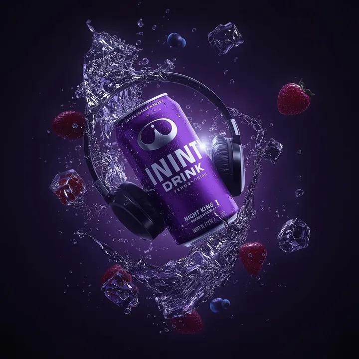 Ultra cinematic product photography of a purple energy drink...