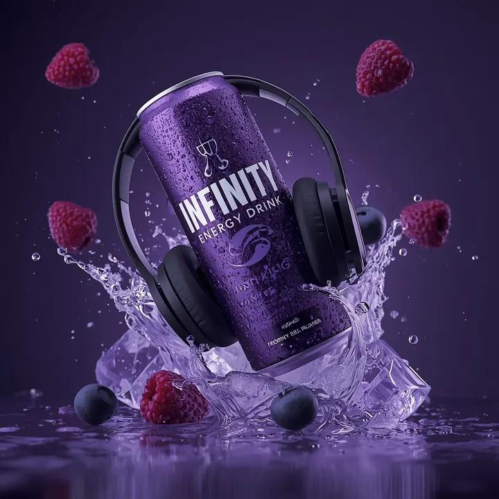 Ultra cinematic product photography of a purple energy drink...