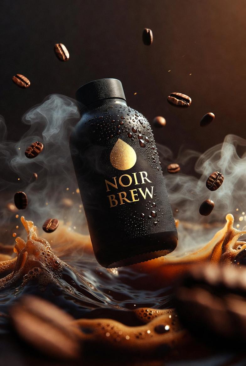 Ultra cinematic premium coffee bottle labeled “NOIR BREW”, ma...