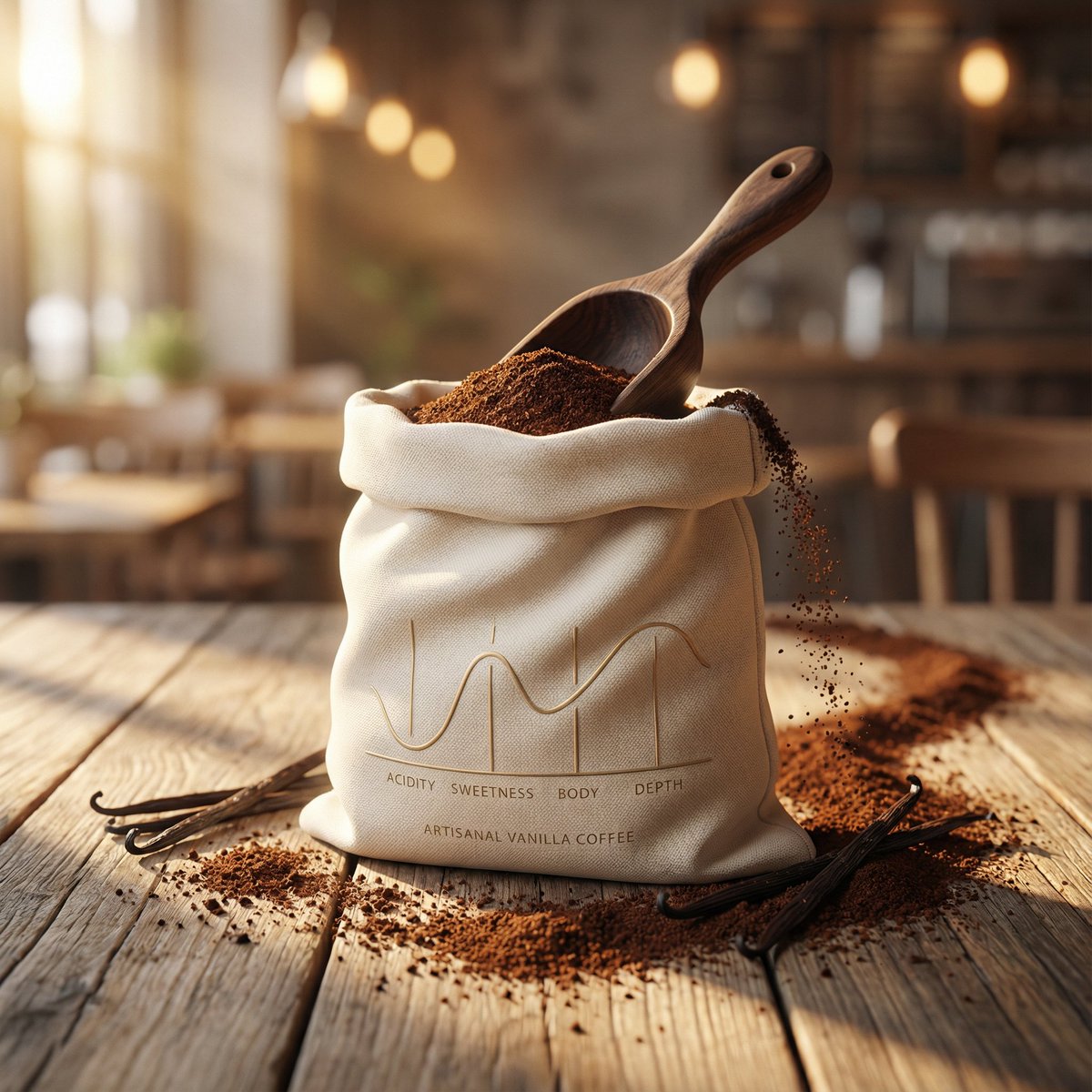 Luxury product photography of artisanal vanilla ground coffee...