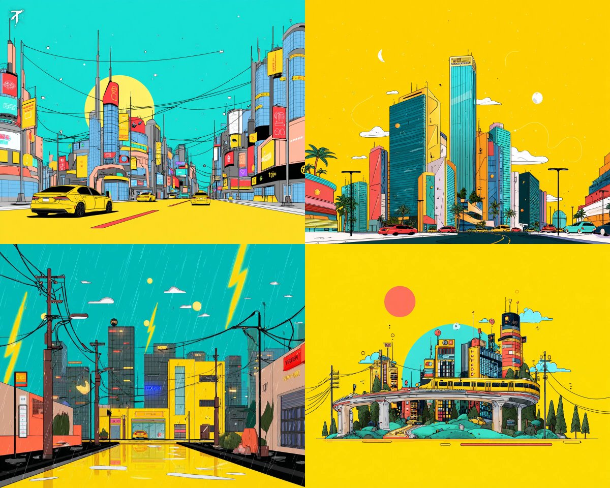 A bold, graphic city style with flat colors and clean lines.