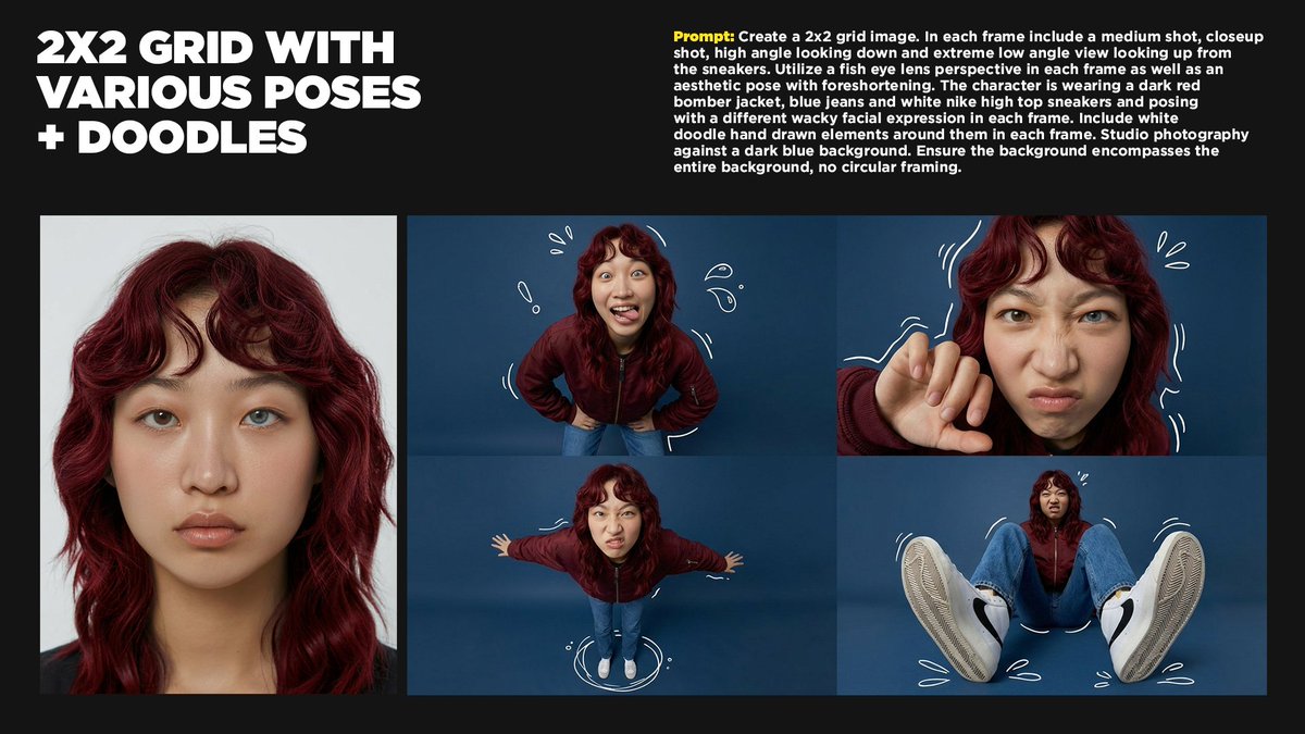 Create a 2x2 grid image. In each frame include a medium shot,...