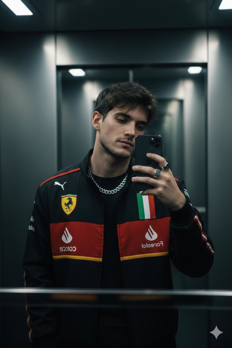 A moody cinematic mirror selfie of a stylish young man use im...