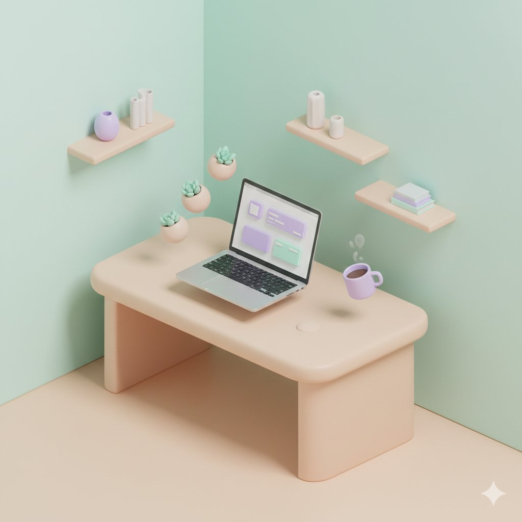 粉彩风3D等距办公场景：悬浮元素设计与光影