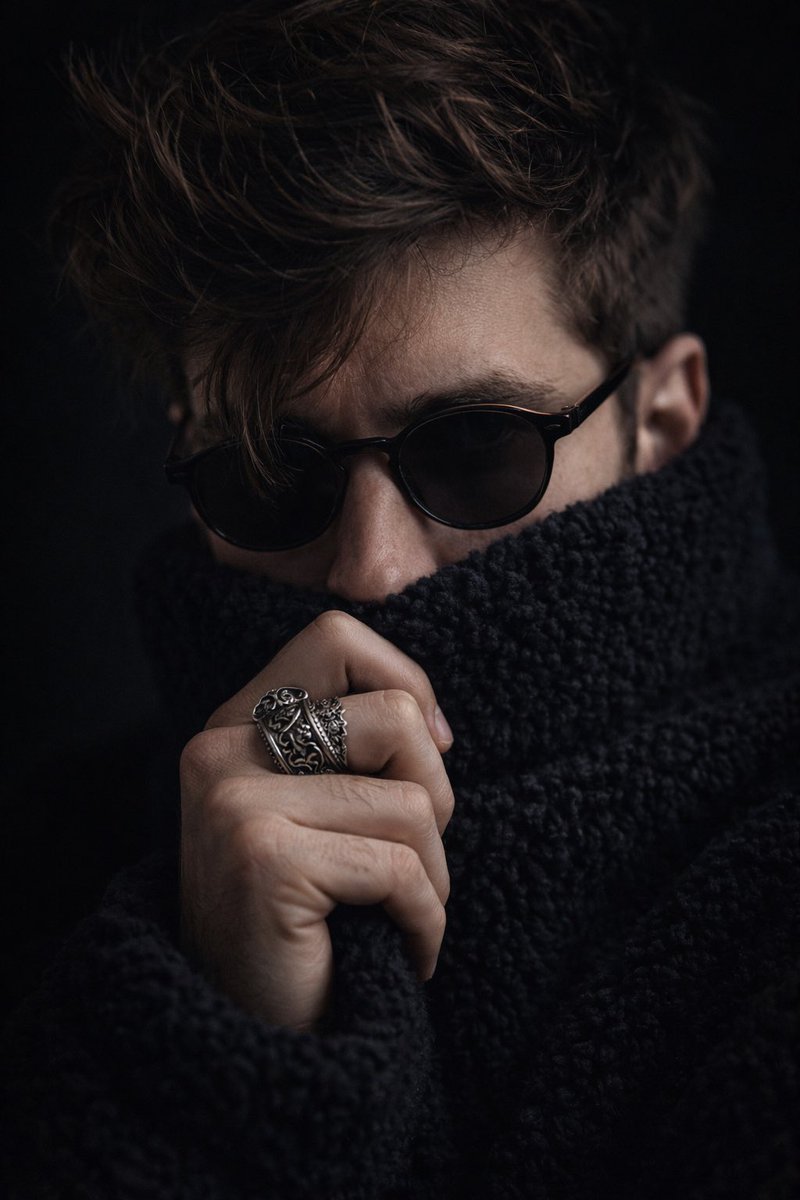 Extreme close up cinematic portrait of a young man with dark,...