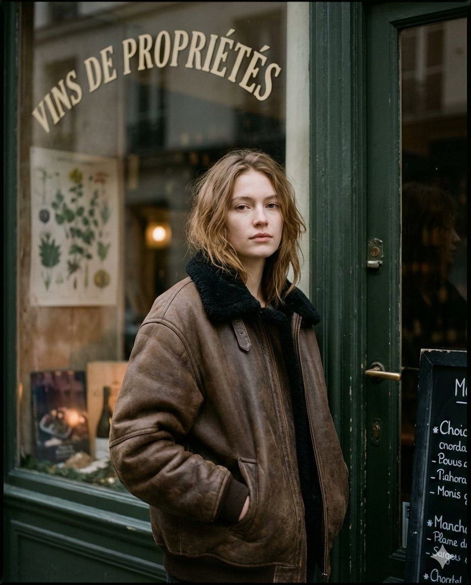 Ultra realistic moody Paris street editorial portrait, shot o...