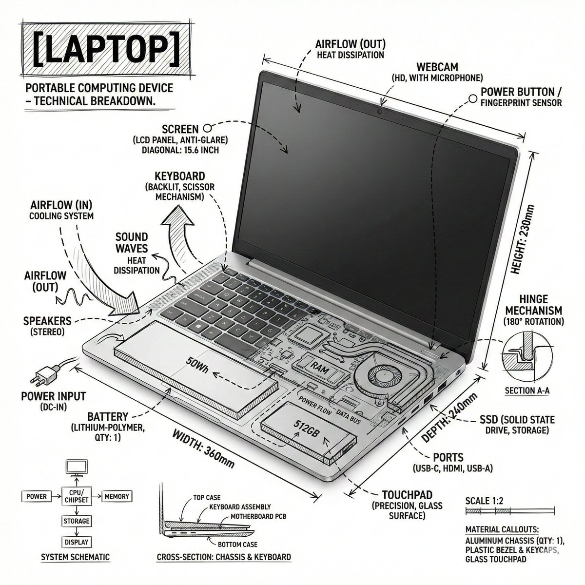 Create an infographic image of laptop ,combining a realistic...