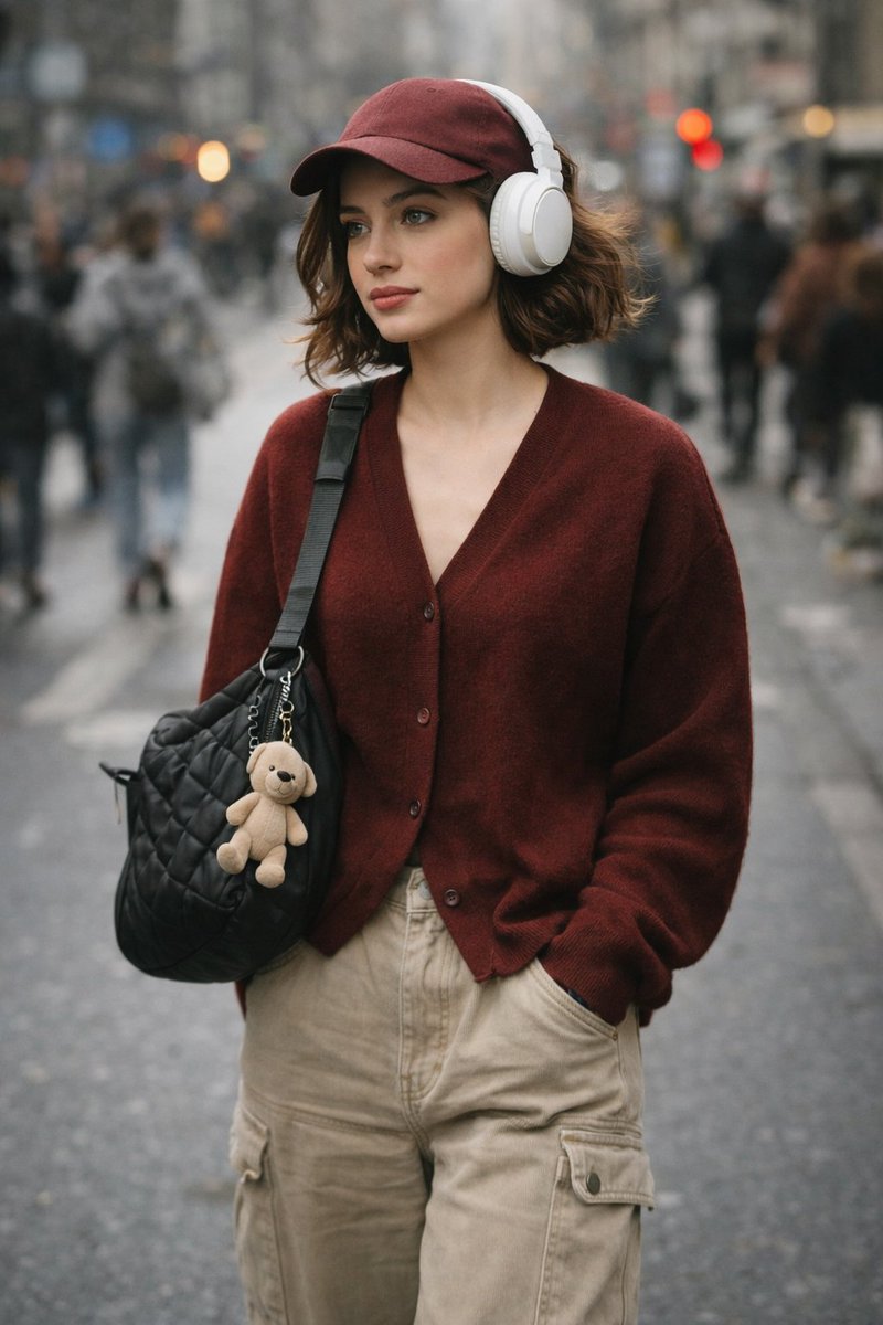 A high quality, candid street photography shot of a stylish y...