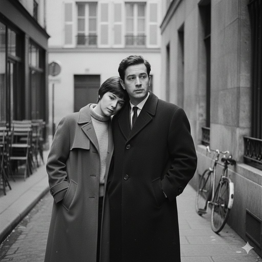 A French New Wave–style minimalist lovers scene, black and wh...
