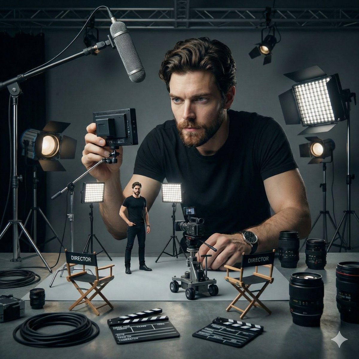 Ultra realistic cinematic studio scene of a woman supervising...