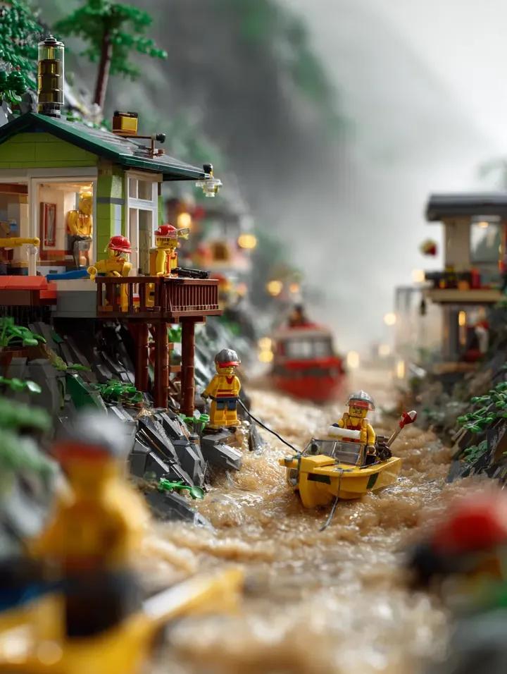 LEGO mountain flood rescue scene, torrential rain causing riv...