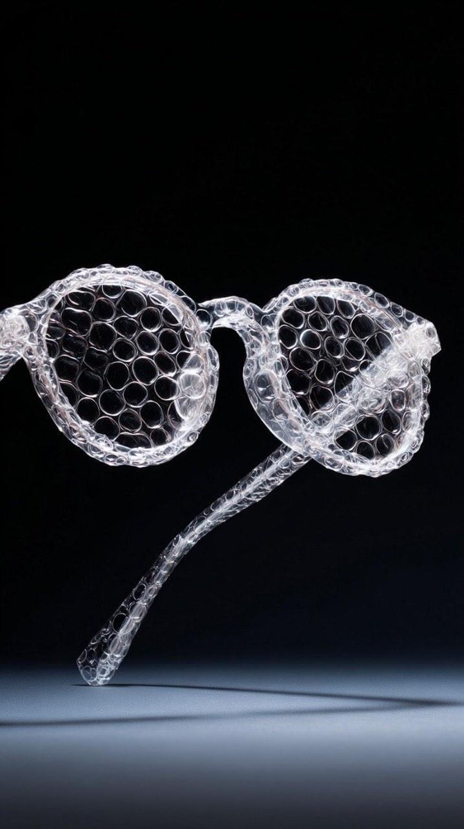 "prompt": "A studio shot of a transparent bubble wrap fashion...