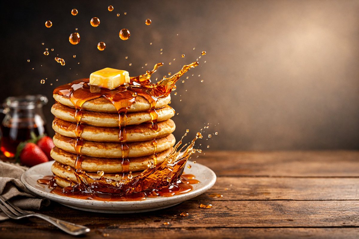 Advertising style food photography of a stack of pancakes arr...