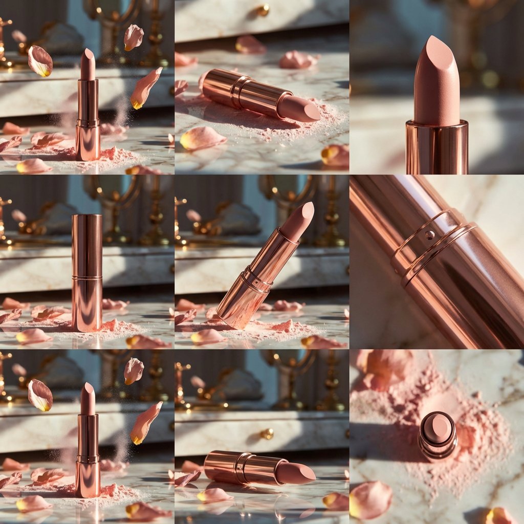 Elegant rose gold lipstick standing upright on a reflective m...