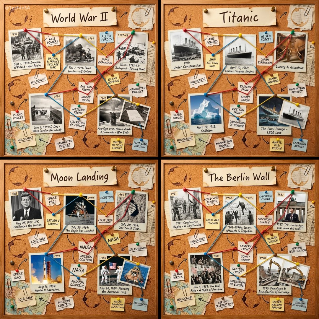 1080x1080 cork board layout telling the story of [HISTORICAL...