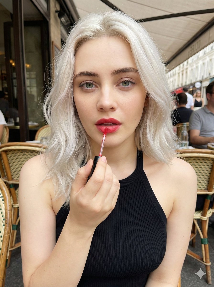 "prompt": "Outdoor cafe beauty portrait, young woman with pla...