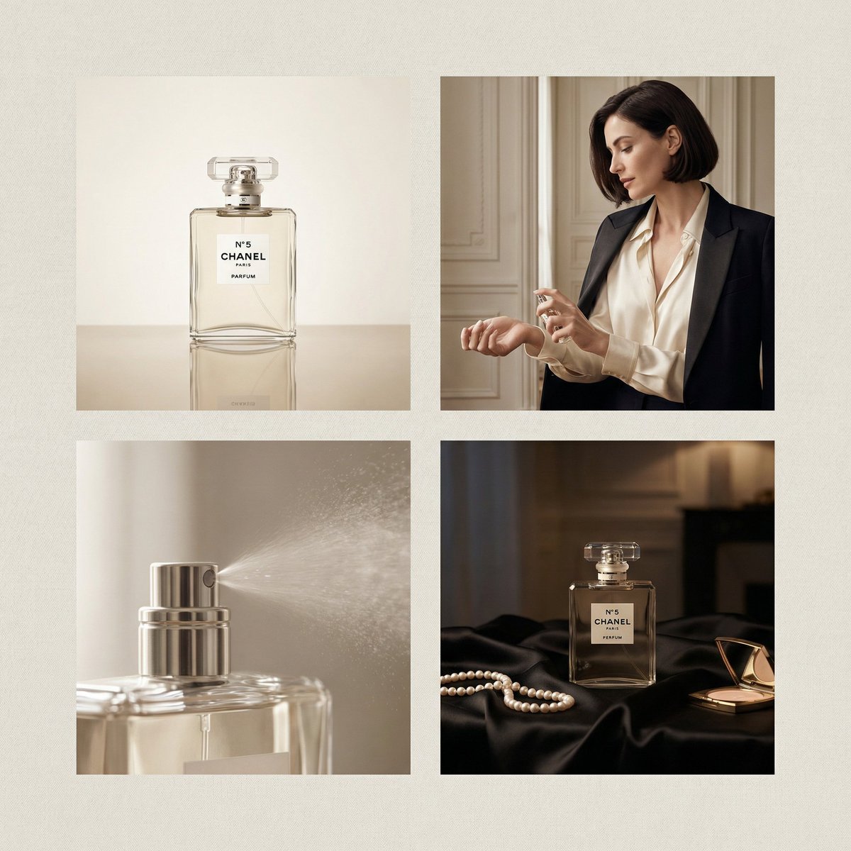 2×2 grid luxury perfume advertisement for Chanel perfume, fou...