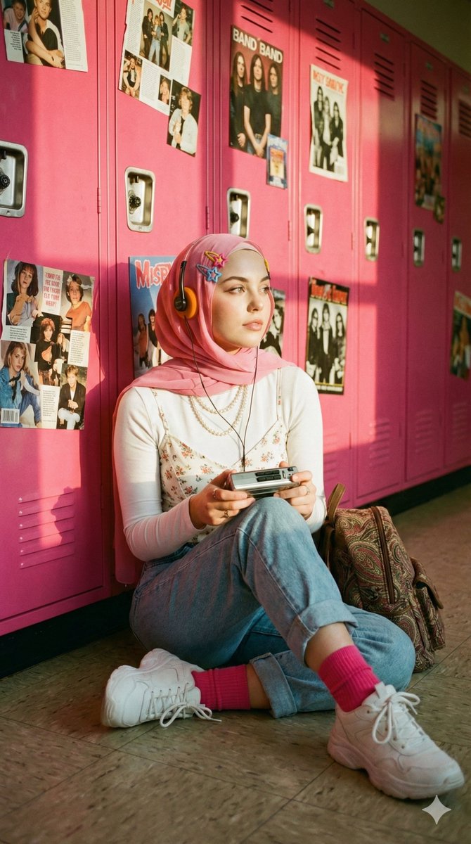 A cinematic, nostalgic portrait of a young hijab woman (use t...