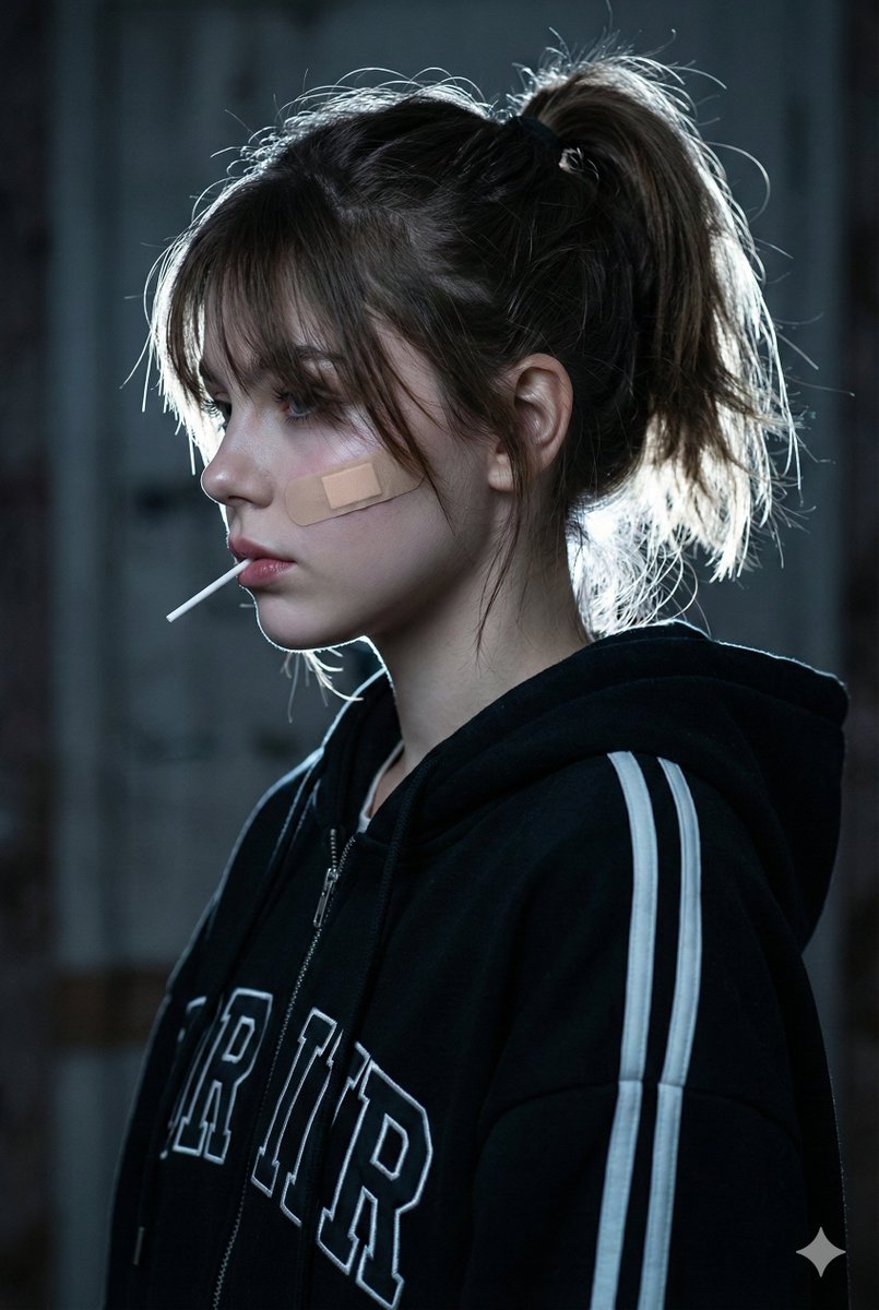 A cinematic close up side profile portrait of a young woman...