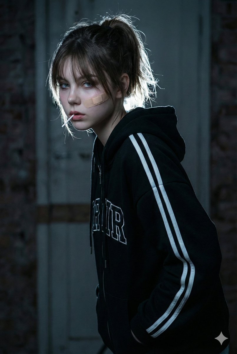 ​A cinematic close up side profile portrait of a young woman...