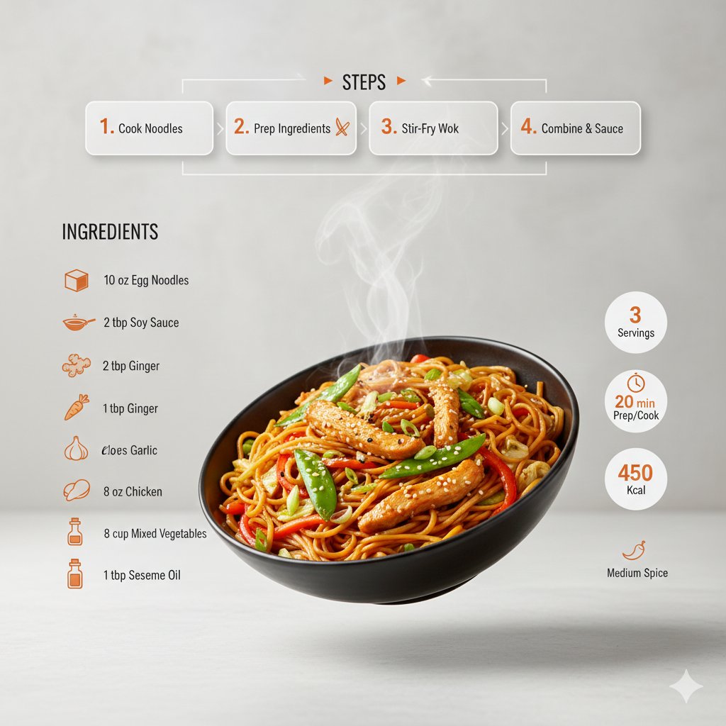 Ultra clean modern recipe infographic. Showcase chowmin in a...