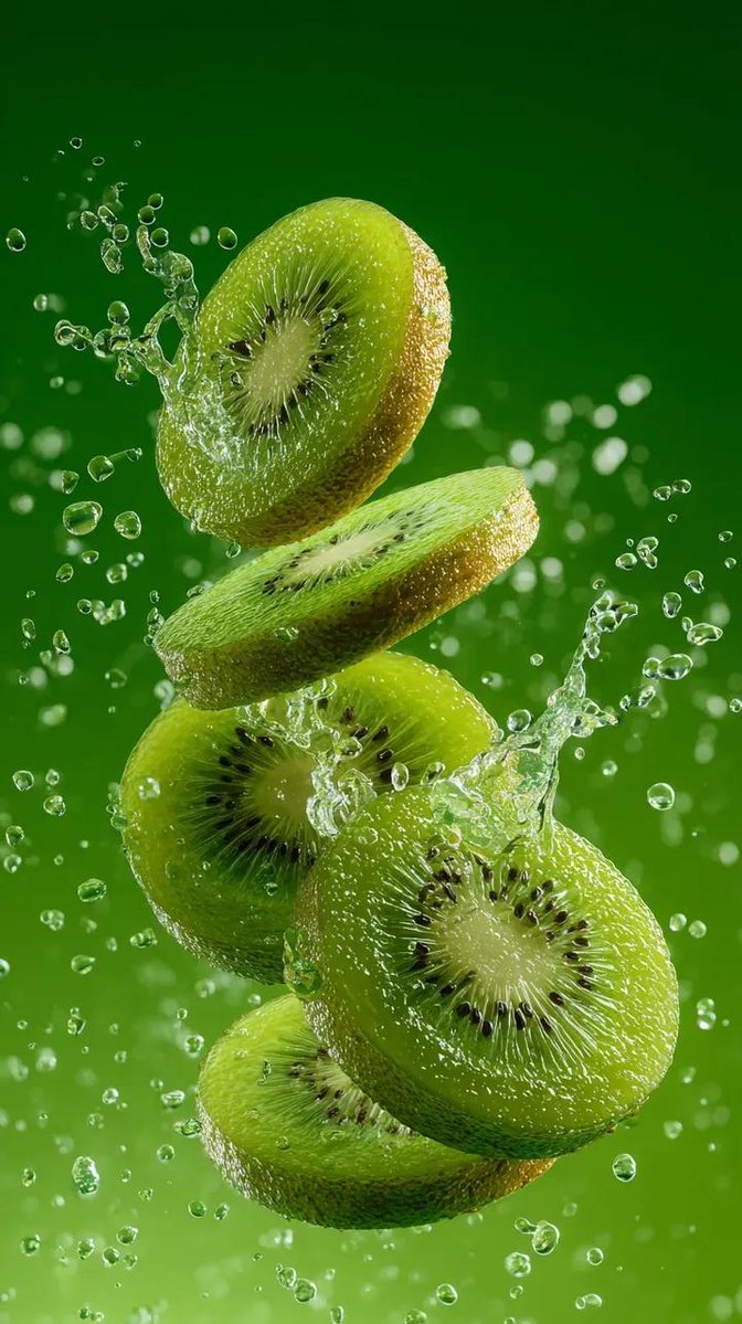 A hyper realistic image of a sliced kiwi splashing in a spray...