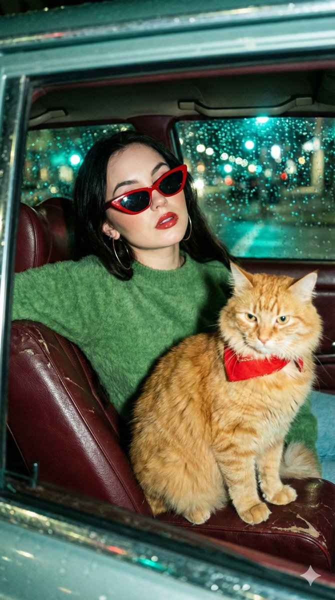 A cinematic flash photography shot viewed through a rain stre...