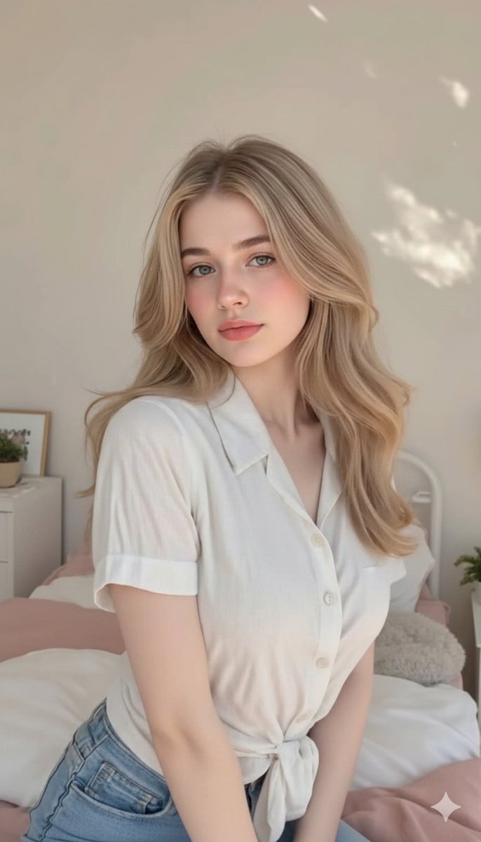 Cute, innocent young adult blonde woman sitting comfortably o...