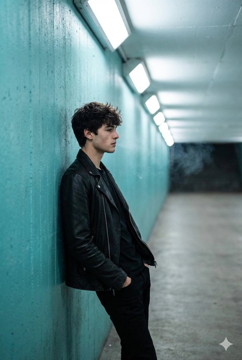 A full shot captures a young man in profile, leaning against...