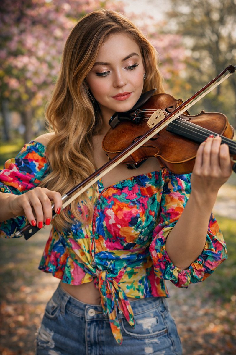 A realistic young woman playing the violin, wearing a slightl...